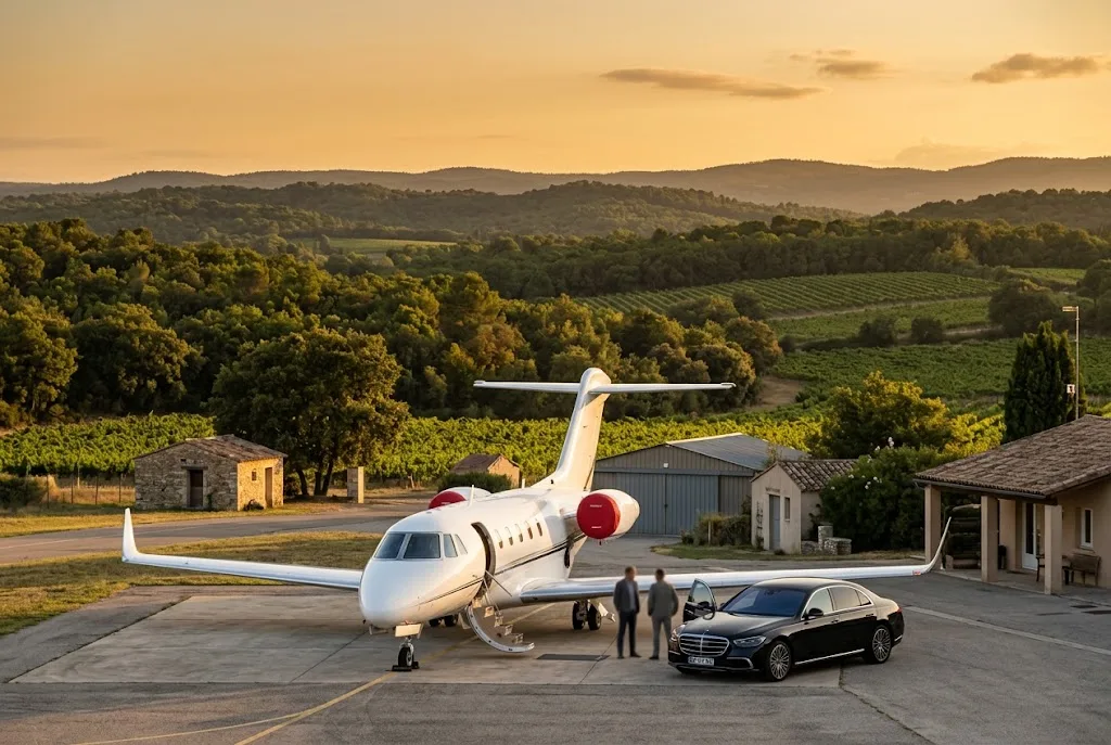 Jet privato e Mercedes Classe S all'aeroporto di La Môle vicino a Saint-Tropez