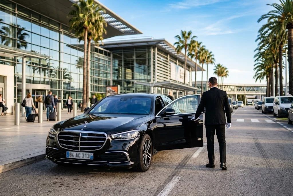 Chauffeur privé ouvrant la portière d'une Mercedes Classe S à l'aéroport Nice Côte d'Azur