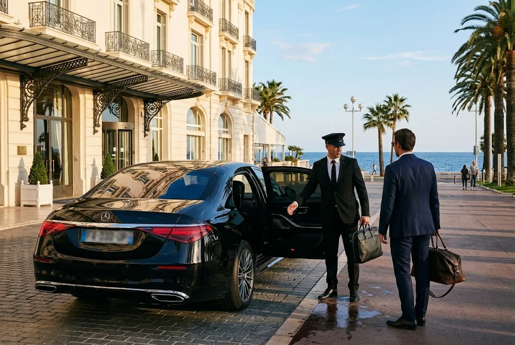 Autista privato accoglie un cliente davanti a un hotel della Promenade des Anglais a Nizza