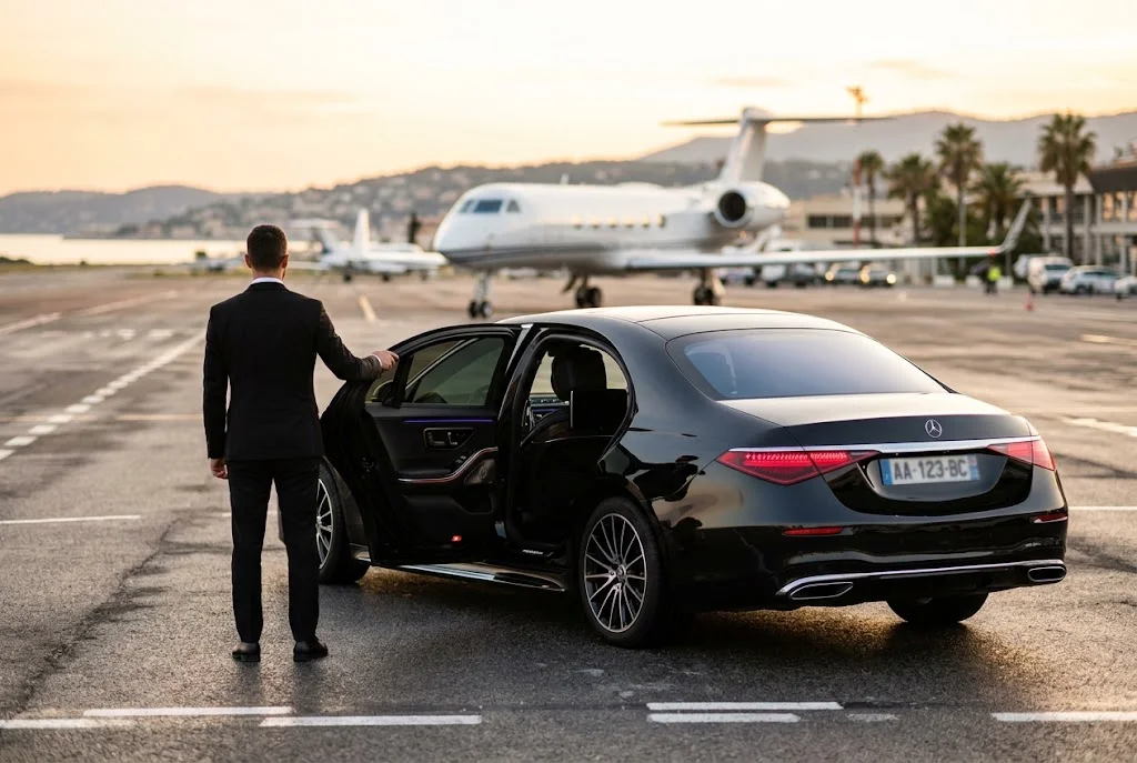 Private chauffeur and Mercedes S-Class beside a private jet – Nice