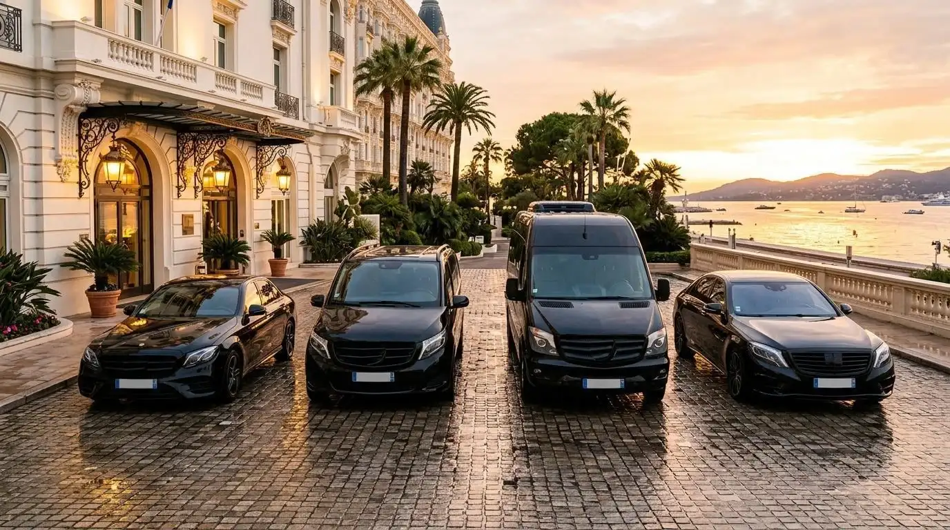 Berlina Classe E, van Classe V, minibus Sprinter e berlina Classe S neri davanti a un palace della Costa Azzurra